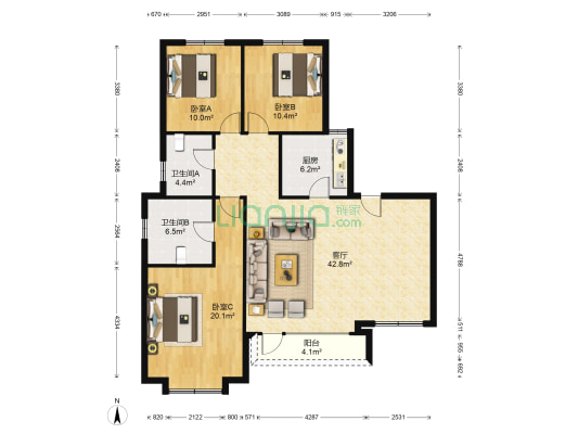 低密度 大面宽洋房三居 客厅卧室朝阳 户型很方正-户型图