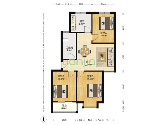 东方金色家园 3室1厅1卫 97平方