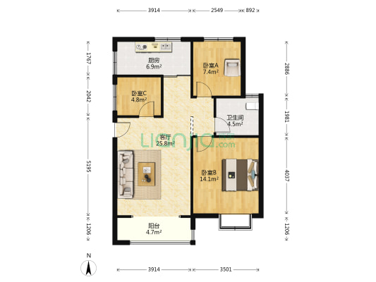 天和家园 3室1厅1卫 87平方