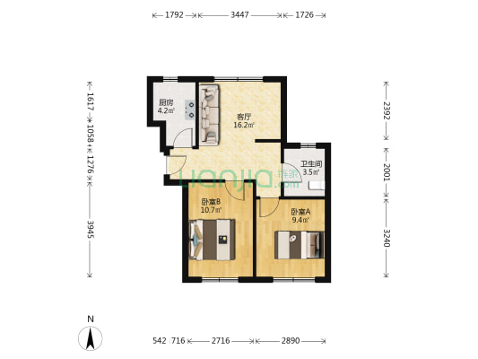 力旺康城回迁区 2室1厅1卫 64平方