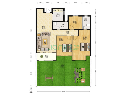 北海腾飞花园 3室1厅2卫 120平方