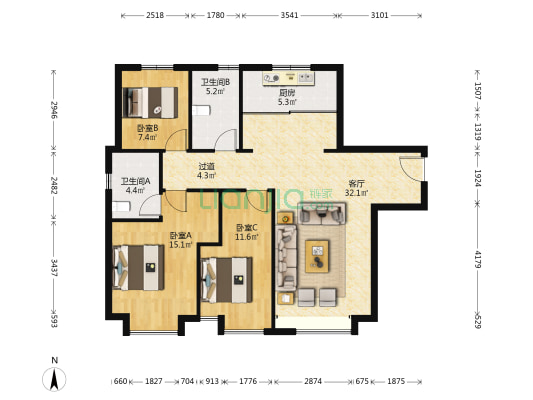 国兴团泊湖墅 3室1厅2卫 125平方