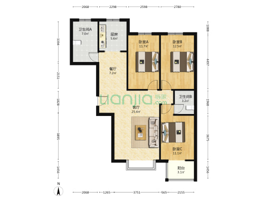 水尚仁佳 3室2厅 南 北-户型图