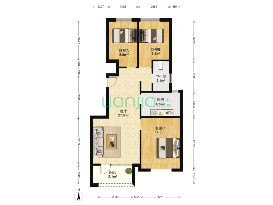保利拉菲公馆C区 3室1厅1卫 102平方