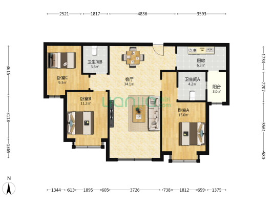天昱凤凰城四期 3室1厅2卫 114平方