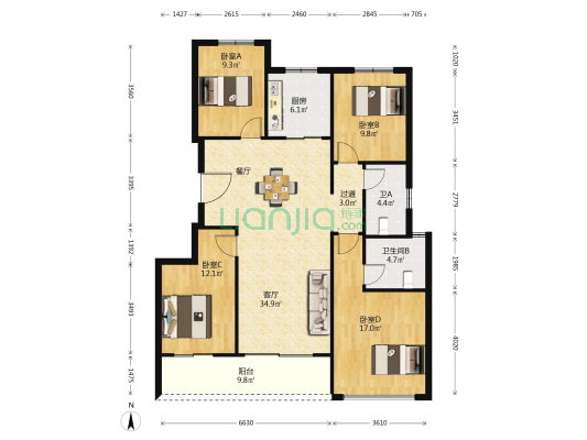 春熙潮鸣府 4室1厅2卫 135平方