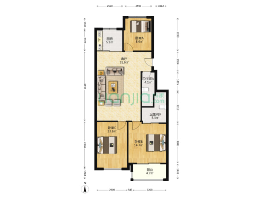 海华家园 3室1厅2卫 108平方