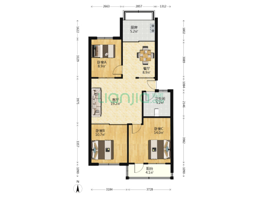 食品小区 3室2厅1卫 90平方