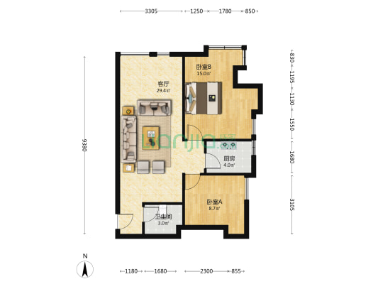 涿州开发区钻石广场集中供暖两居室房本满五年-户型图