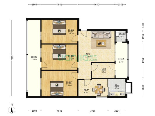 襄樊市总工会家属院 3室2厅1卫 118平方