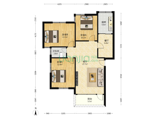 美湾东二区 3室2厅1卫 95平方