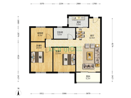 凤凰汇府 2室1厅1卫 116平方