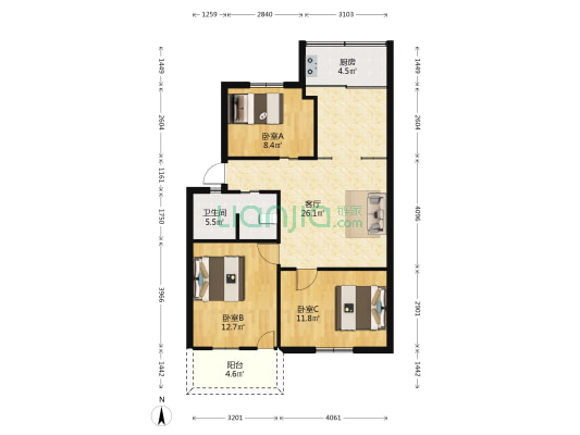 福建省立医院宿舍 3室1厅1卫 89平方