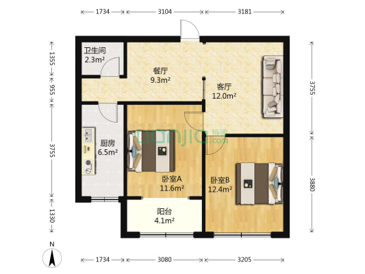 隽合花园 2室2厅1卫 82平方