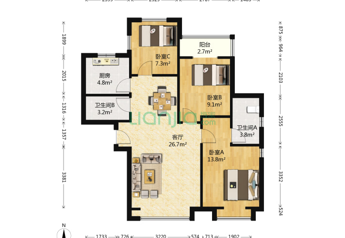 3室1厅2卫90.09㎡-天津香缇花园户型图