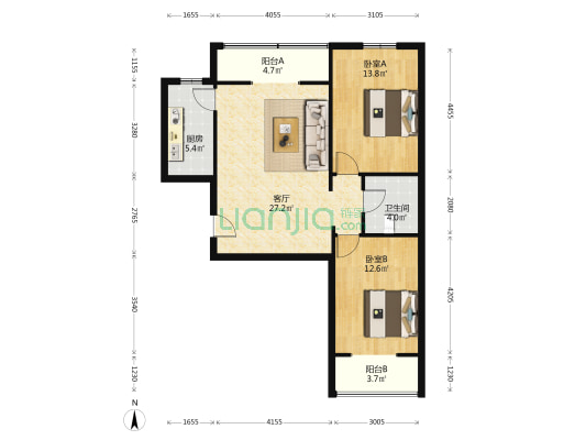 水岸花城 2室1厅 南 北-户型图