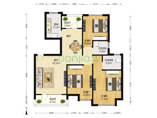金地格林小城一期 3室1厅2卫 115平方