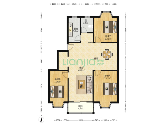 政园小区 3室1厅1卫 116平方
