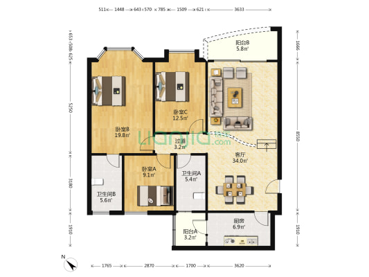 松云雅苑 3室1厅2卫 120平方