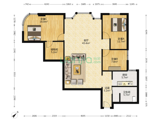 基良广场 3室1厅1卫 144平方