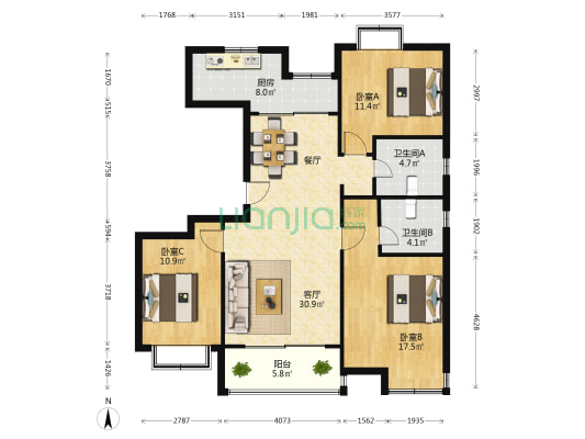 华馨公寓 3室1厅2卫 115平方