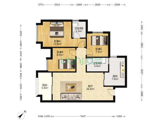天和睿城 3室1厅2卫 99平方