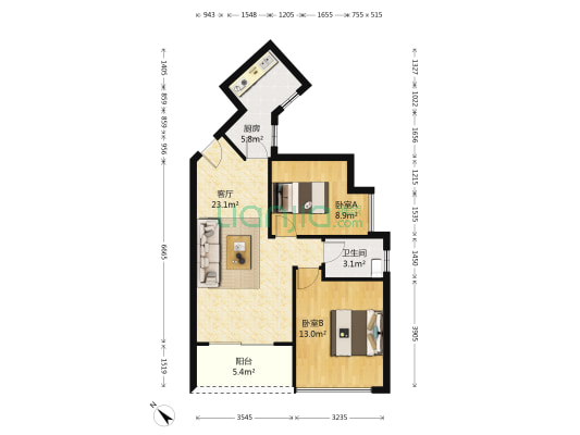 莫比时代 2室1厅1卫 64平方