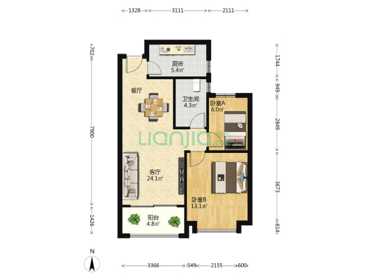 恒大未来城(西区) 2室1厅1卫 84平方