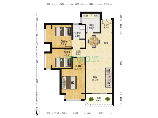 美盛教育港湾二期 3室1厅1卫 96平方