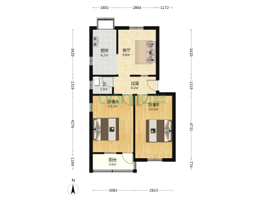 经一路9号院 2室1厅1卫 66平方