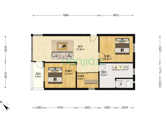 健力宝南路 3室1厅1卫 86平方