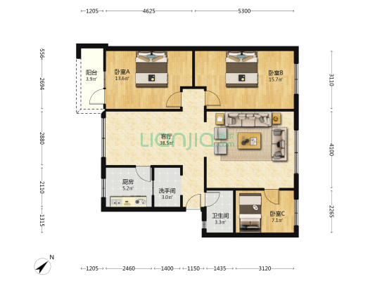老西街66号院 3室1厅2卫 105平方