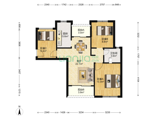 启航城晶彩晶座 3室1厅1卫 83平方