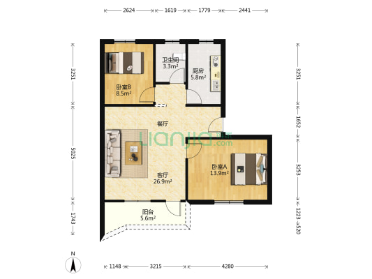 光大花园金湖苑1座 2室1厅1卫 74平方