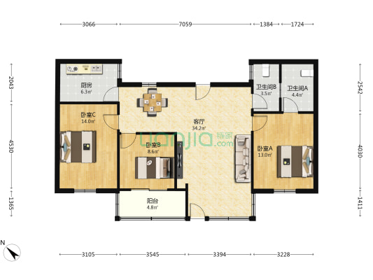 华侨海景山庄 3室1厅2卫 103平方