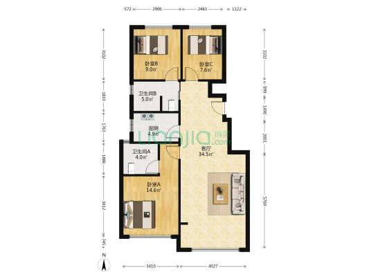 元垄中南华著 3室1厅2卫 87平方