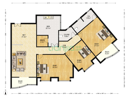 春天大厦 3室1厅2卫 242平方