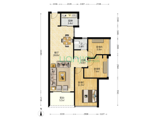 观月台 3室1厅1卫 78平方