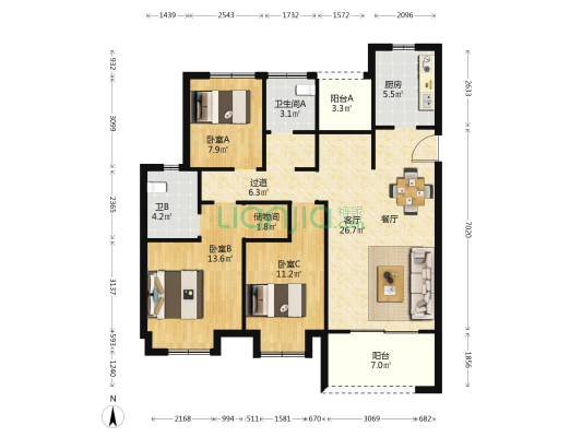北城中环城二期 3室1厅2卫 118平方