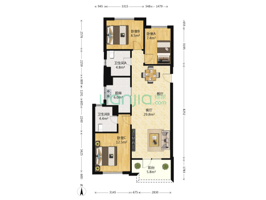 万科汉口传奇唐樾 3室1厅2卫 115平方