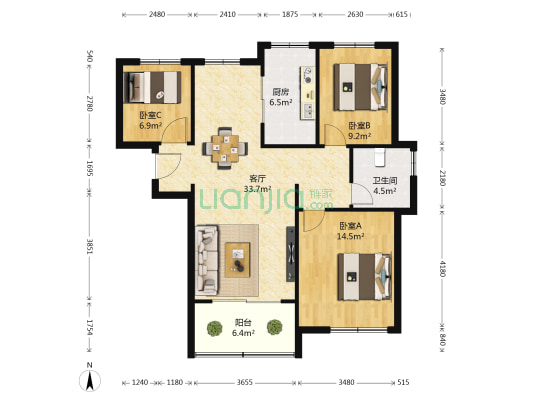 保利海上五月花A区 3室1厅1卫 105平方