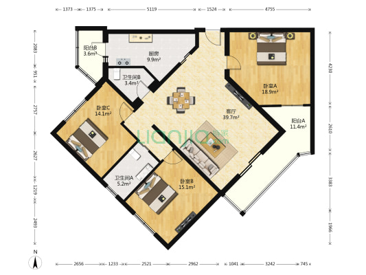 龙庭公寓 3室1厅2卫 169平方