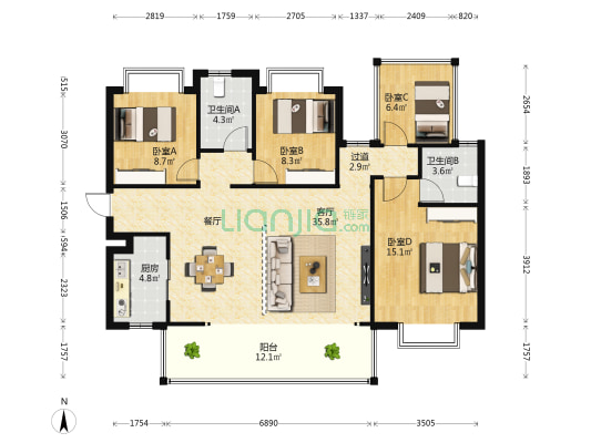 大都郡 4室1厅2卫 113平方