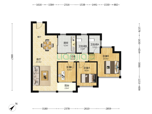 中海左岸澜庭 3室1厅2卫 93平方