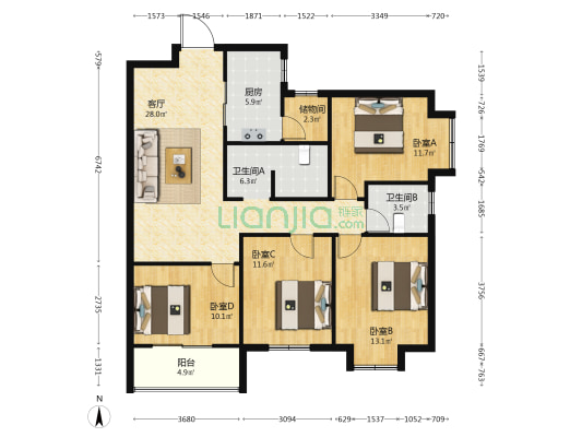 小柳景苑 4室1厅2卫 124平方