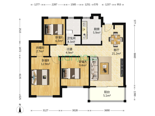 绿地远香湖1号 3室1厅1卫 89平方