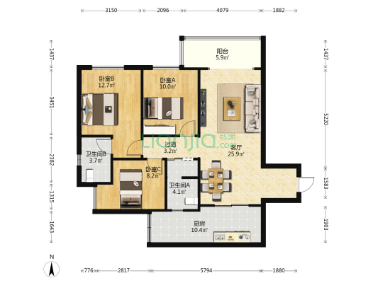 中南上悦城云悦 3室1厅2卫 95平方