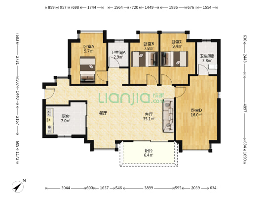 万科大中江南院子 4室1厅2卫 116平方