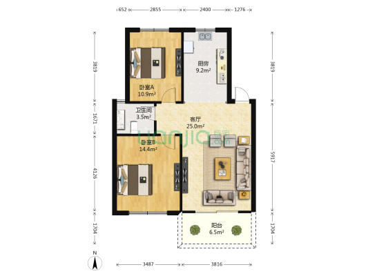 力天阳光地带南区 2室1厅1卫 80平方