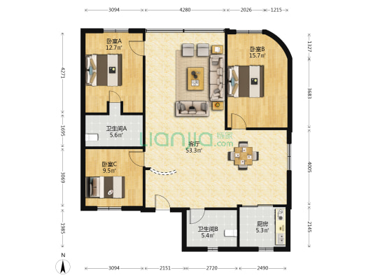 银洲公寓 3室1厅2卫 142平方